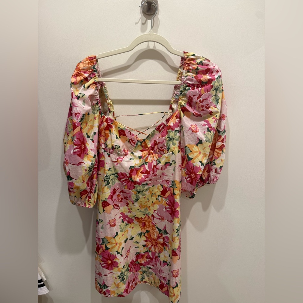 LPA Pink Floral Puff-Sleeve Mini Dress